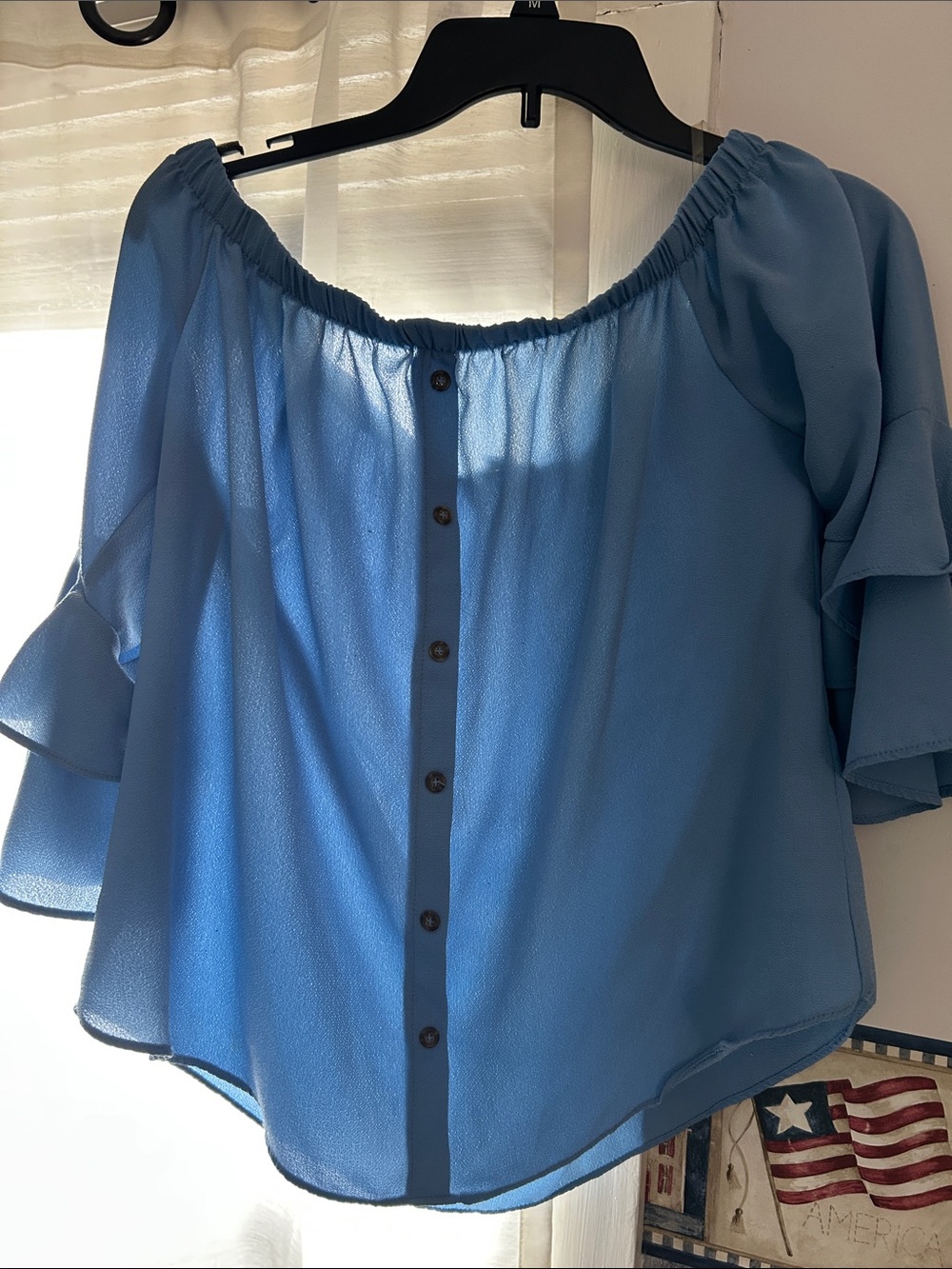 Others Follow Blue Off-Shoulder Button-Front Blouse